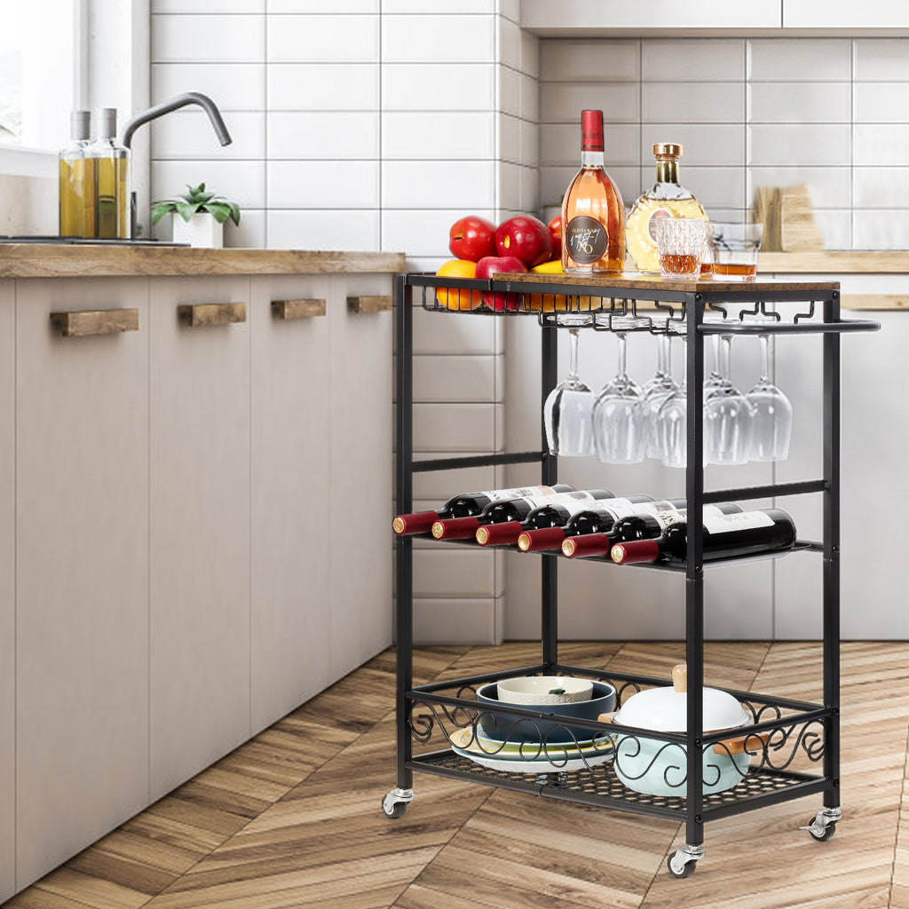 Bar Cart, Mobile Bar Serving Cart, Rolling Wine Cart with Glass Stemware Rack and Wine Bottle Holders, ndustrial Vintage Style Kitchen Serving Cart for, Kitchen(Black)