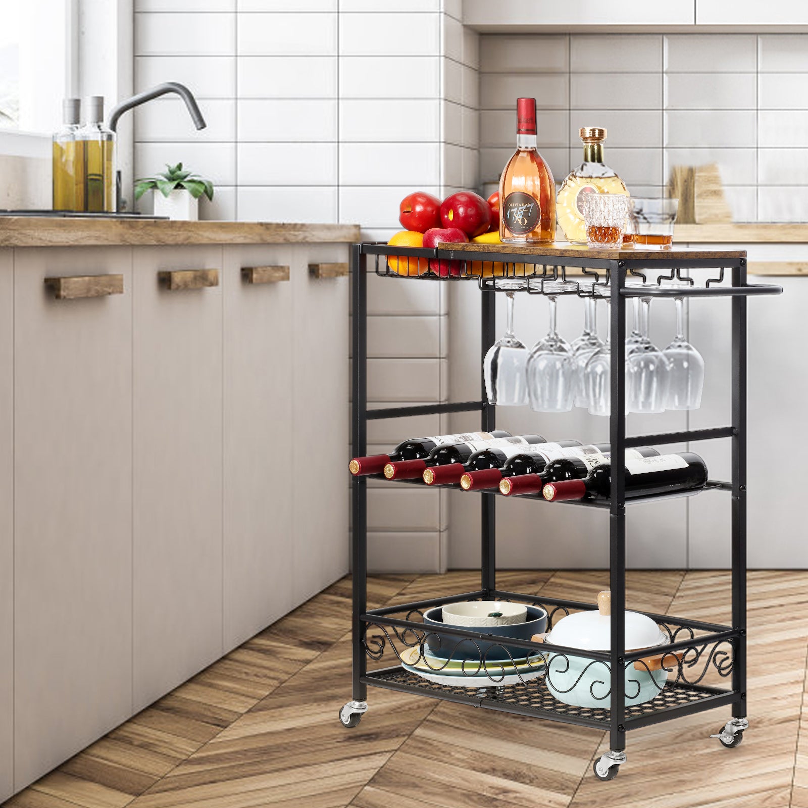 Bar Cart, Mobile Bar Serving Cart, Rolling Wine Cart with Glass Stemware Rack and Wine Bottle Holders, ndustrial Vintage Style Kitchen Serving Cart for, Kitchen(Black)