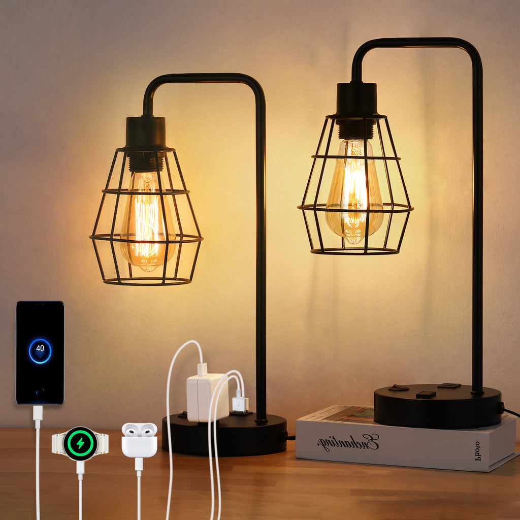 Set of 2 Industrial USB Table Lamps - Metal Cage Bedside Lamps with Dual USB Ports & AC Outlet