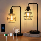 Set of 2 Industrial USB Table Lamps - Metal Cage Bedside Lamps with Dual USB Ports & AC Outlet