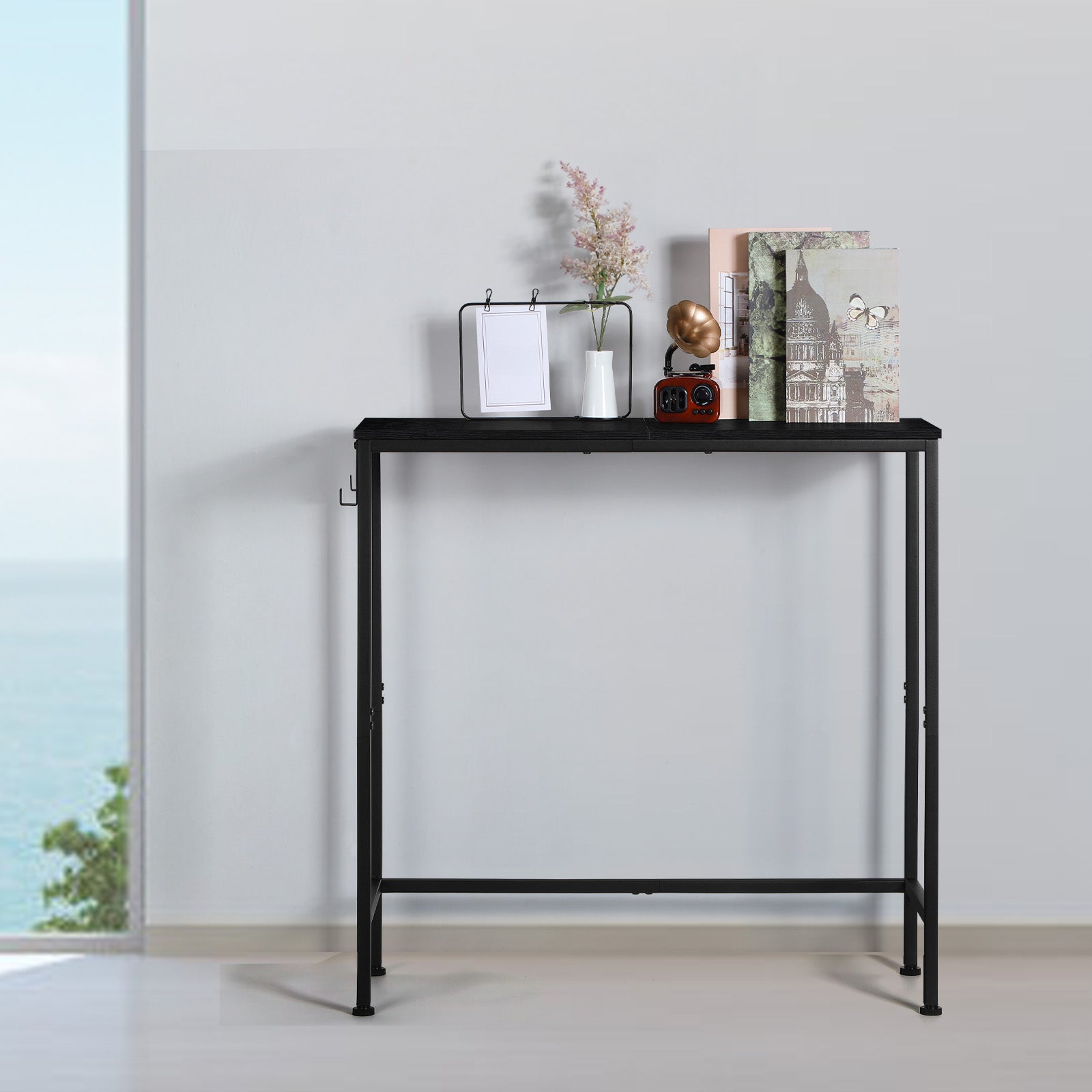 31.5" Narrow Entryway Console Table with Side Hooks - Slim Industrial Sofa Table for Hallway, Living Room & Foyer, Space-Saving Design, Black
