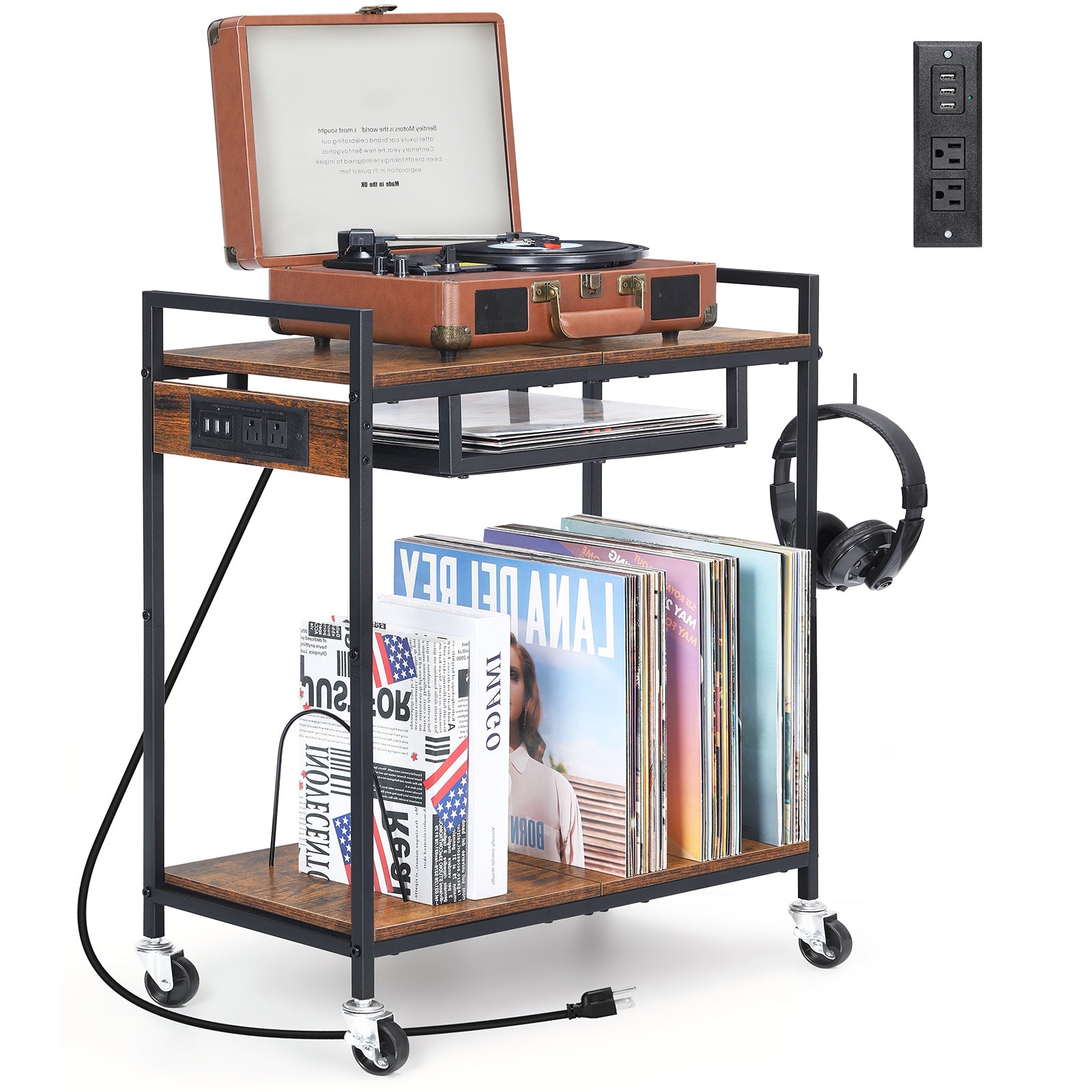 Record Player Stand, Turntable Stand with Charging Station, 3 Tier Record Player Table with 4 Quick-Release Divider, Vinyl Record Stand Storage with 4 Wheels, for Bedroom Living Room and Office, Gray