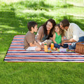 Waterproof Portable Camping and Beach Blanket with Red and Blue Stripes for Outdoor Picnics, Lawn Events, and Concerts