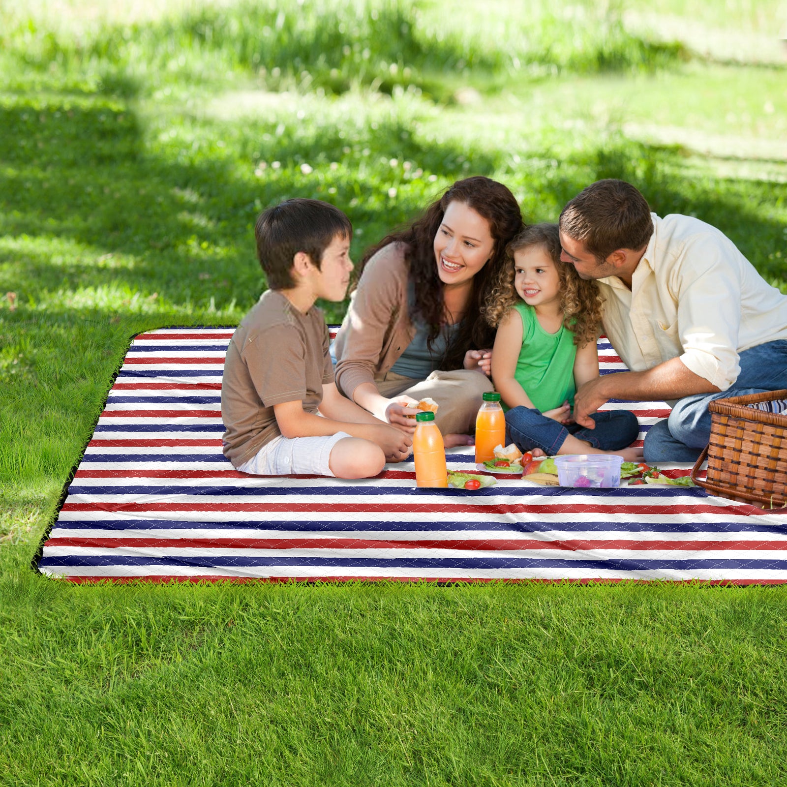 Waterproof Portable Camping and Beach Blanket with Red and Blue Stripes for Outdoor Picnics, Lawn Events, and Concerts