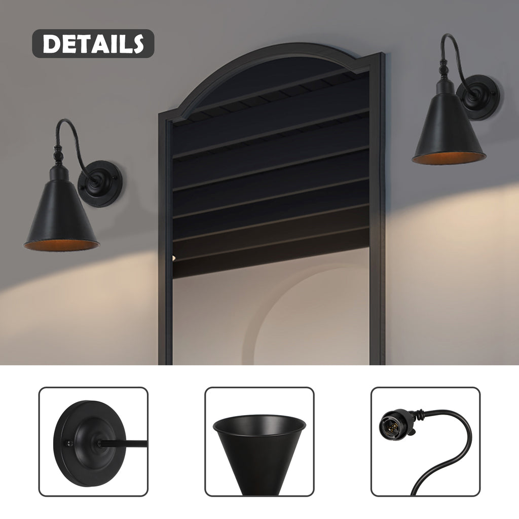 Set of 2 Industrial Wall Sconces, 180Â¡Ã£ Adjustable Matte Black Farmhouse Wall Lamps, Vintage Style Wall Light Fixtures with Arching Arm for Bedroom, Garage, Porch, Kitchen