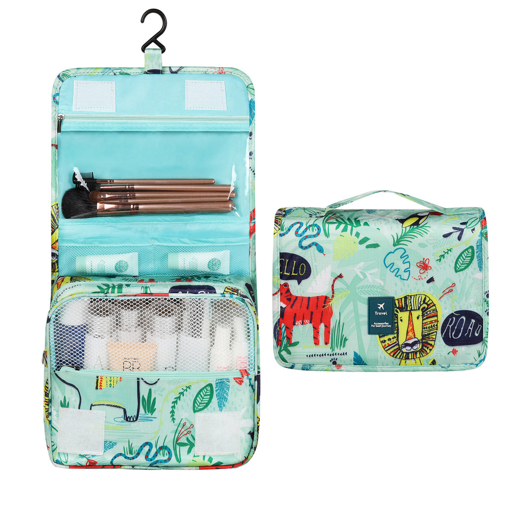 Portable Travel Cosmetic Case with Integrated Hanging Hook and Zip Closure - Lightweight Multi-Compartment Organizer for Toiletries and Personal Essentials in Azure Blue