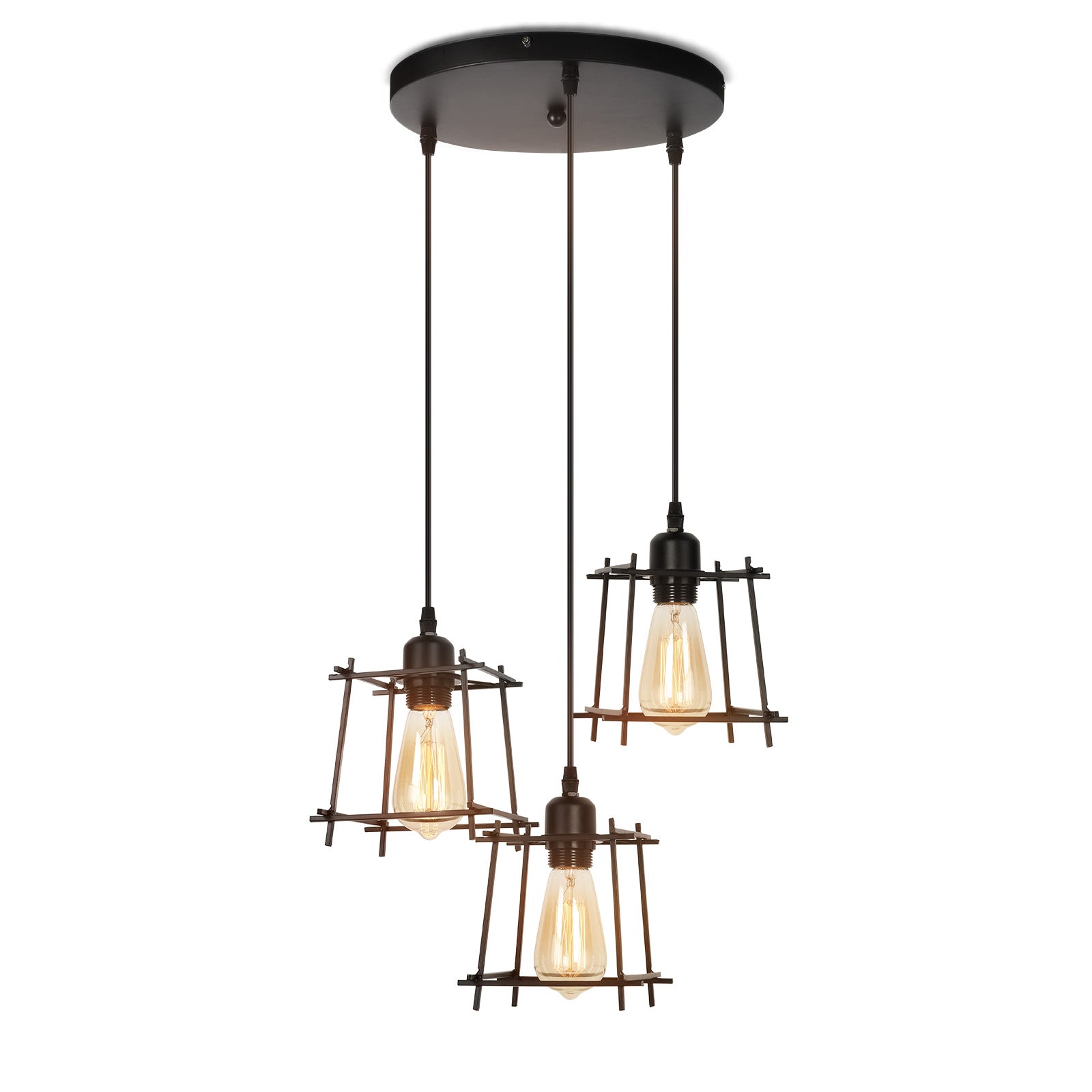 Farmhouse 3-Light Pendant Light Fixtures, Adjustable Industrial Hanging Pendant Lighting for Kitchen Island, Vintage Black Metal Cage Pendant Ceiling Lamp for Dining Room Bedroom