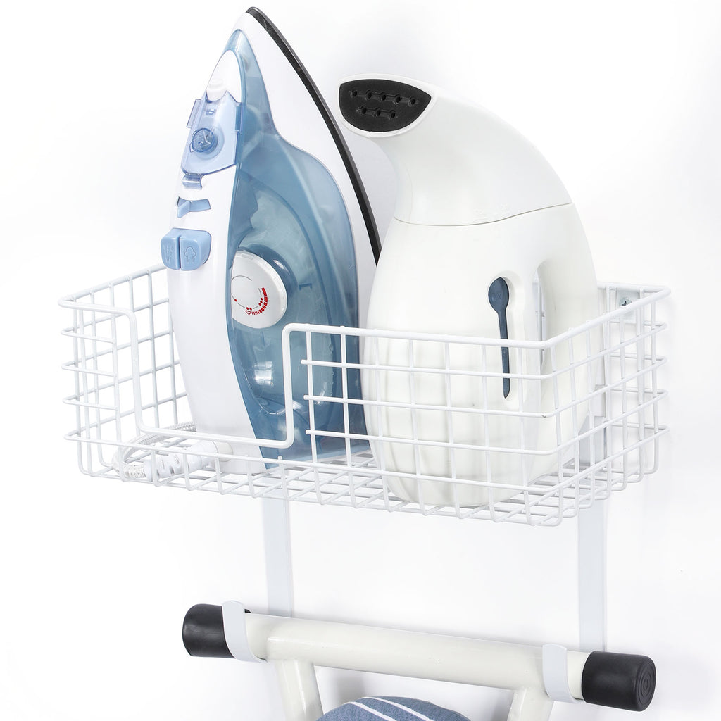 Wall Mount Iron & Ironing Board Holder, White Metal Laundry Organizer with Storage Basket and Removable Hooks