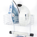Wall Mount Iron & Ironing Board Holder, White Metal Laundry Organizer with Storage Basket and Removable Hooks