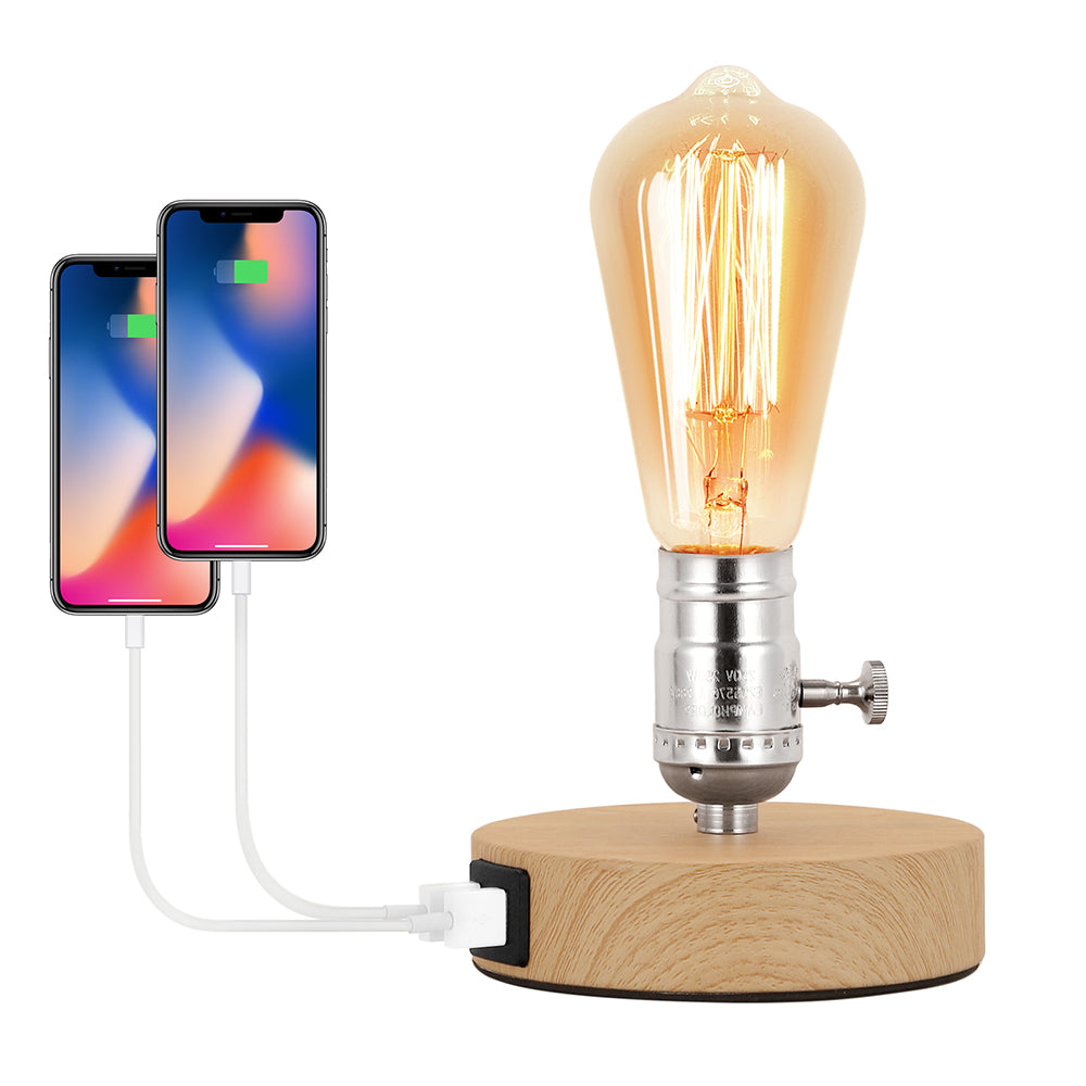 Vintage Table Lamps Edison Table Lamp Base with 2 USB Port Industrial Table Lamp USB Small Nightstand Lamp Holder for Table, Bedside, Bedroom E26