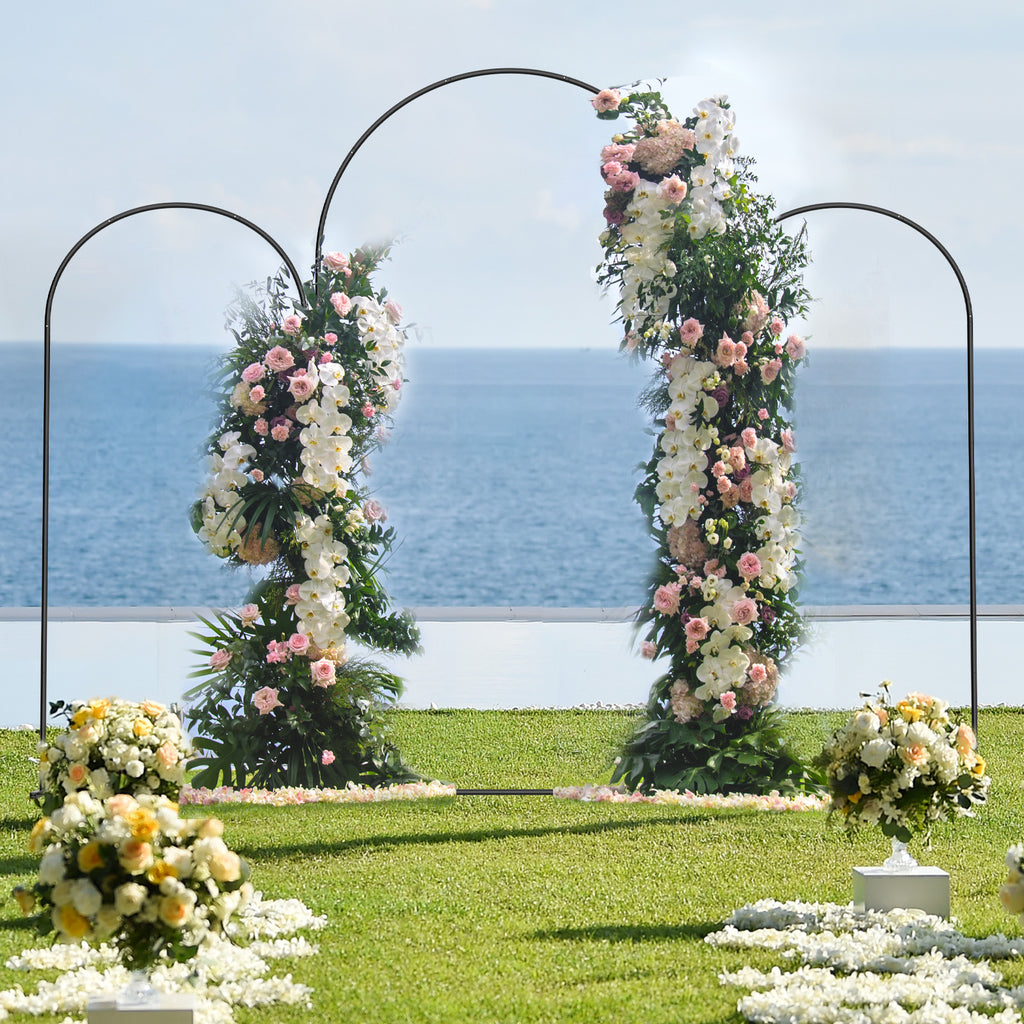 Set of 3 Gold Metal Arch Backdrop Stand, 7.3FT Large Central Arch & 2PCS 6FT Side Arched Frame, Heavy Duty Round Pipe Wedding Balloon Flower Arch Stand for Wedding Baby Shower Gender Reveal Birthday Party Ceremony Decor