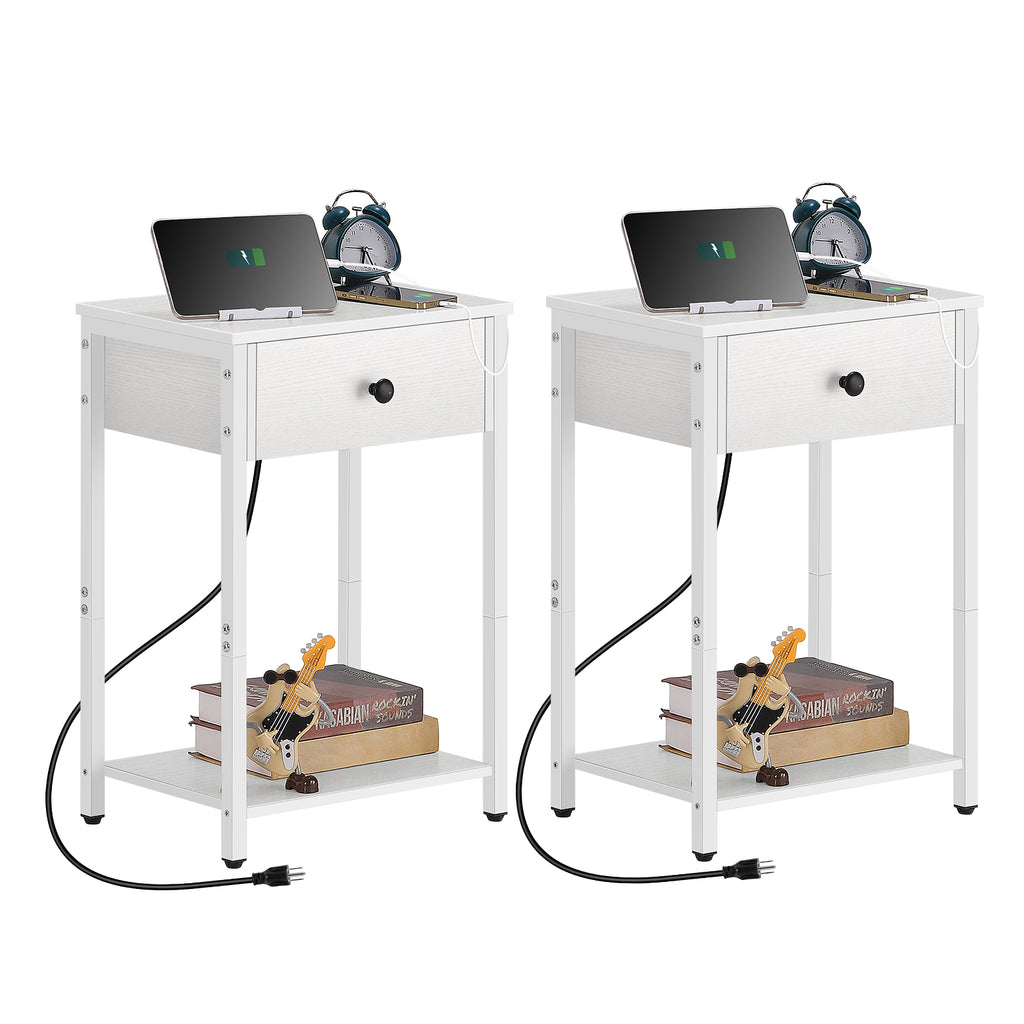 Set of 2 White Nightstands with Charging Station, End Tables with Drawer, USB Ports & Storage Shelf for Bedroom, Living Room, Small Spaces