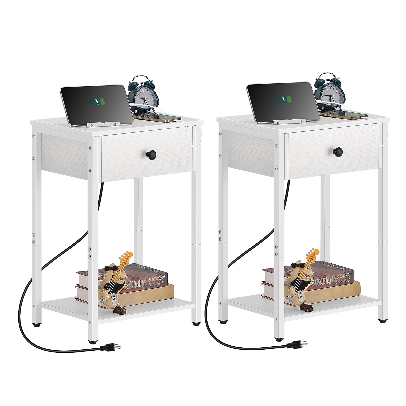 Set of 2 White Nightstands with Charging Station, End Tables with Drawer, USB Ports & Storage Shelf for Bedroom, Living Room, Small Spaces