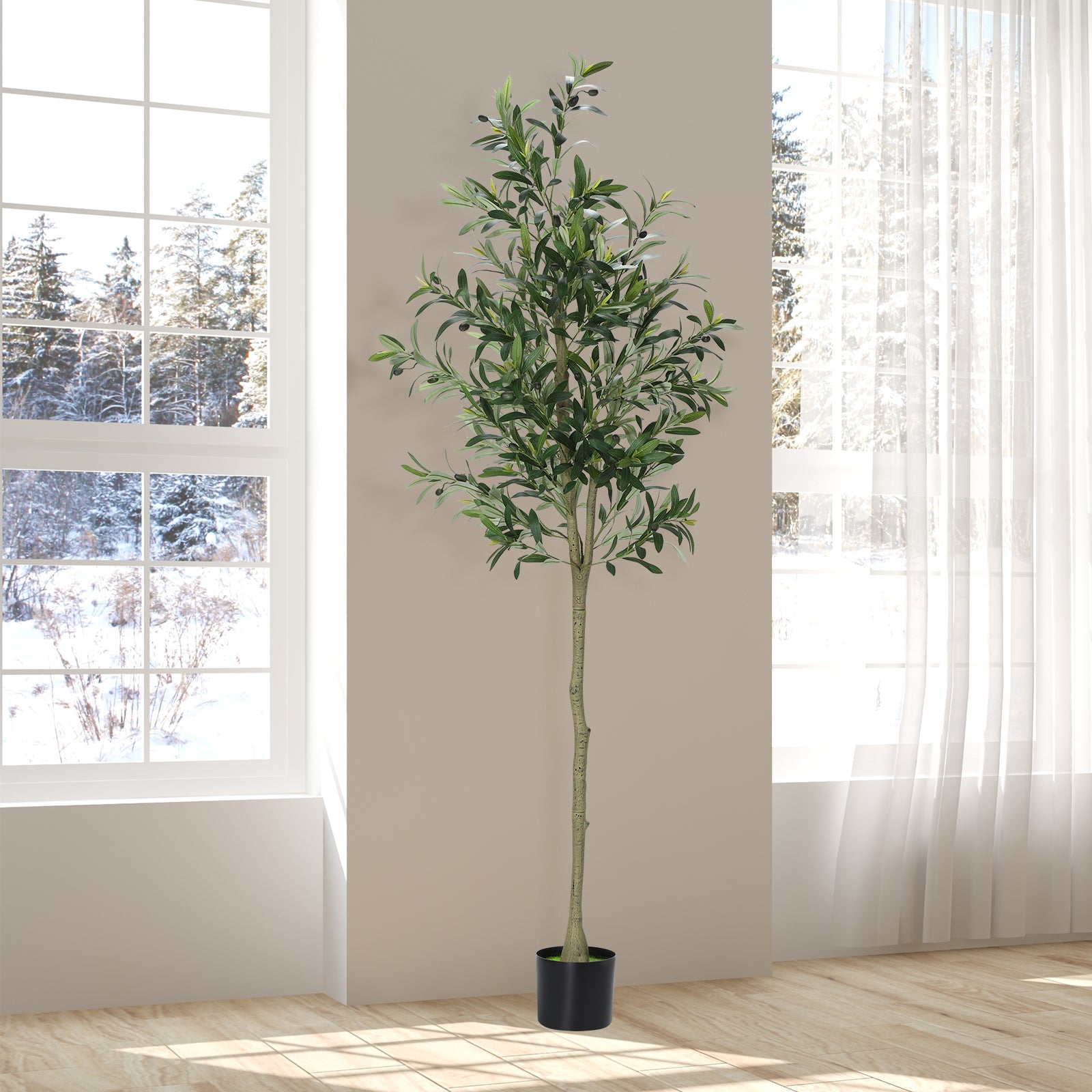 6FT Artificial Olive Tree - Lifelike Faux Potted Silk Tree with Realistic Trunk - Modern Home & Office Indoor Decoration