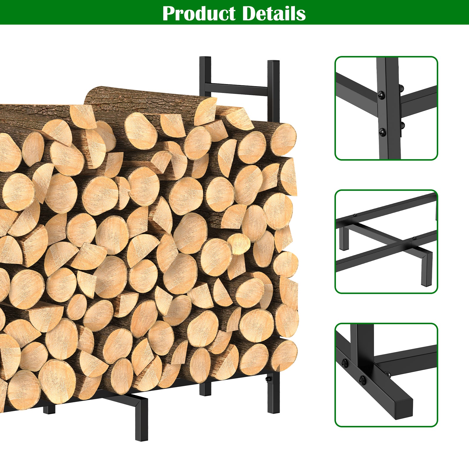 4ft/5ft/8ft Heavy Duty Firewood Rack, Metal Log Holder with Adjustable Width for Indoor/Outdoor Use
