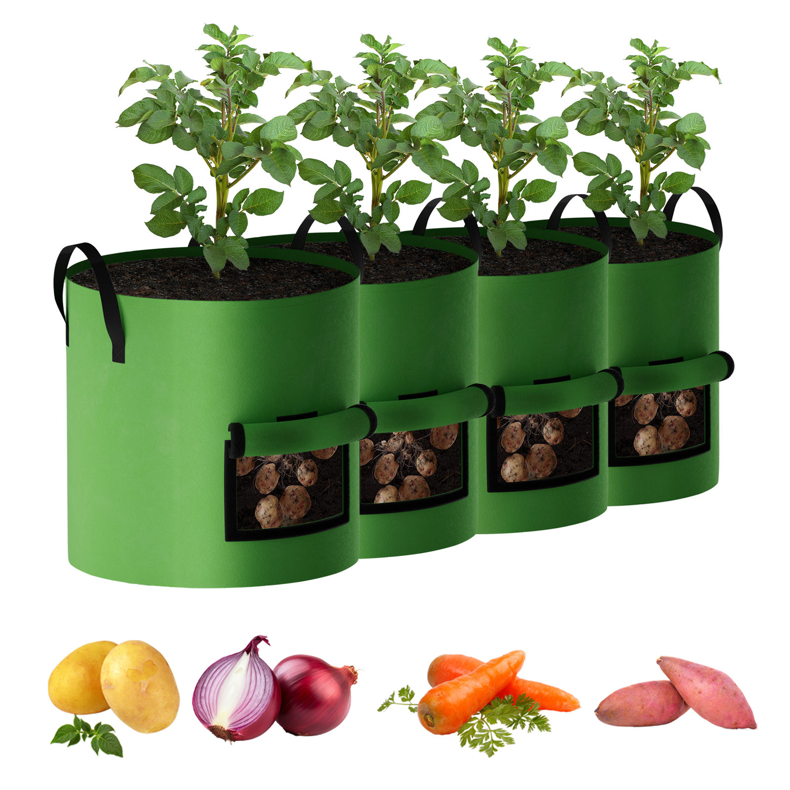 4-Pack Green Non-Woven Planting Containers with Observation Flap, Heavy Duty Aeration Pots with Reinforced Handles for Garden Vegetables and Flowers