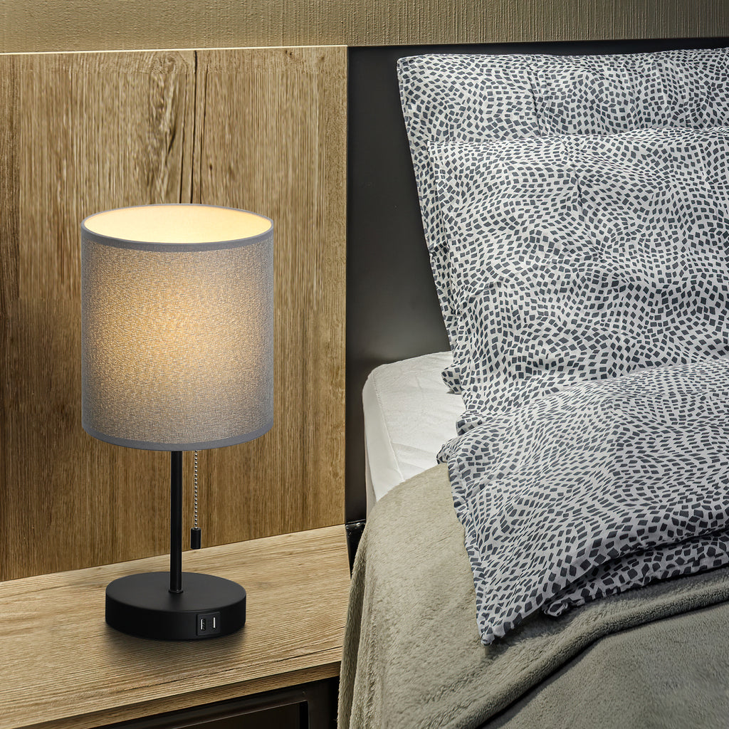 Set of 2 Modern Table Lamps with Dual USB Charging Ports, Gray Linen Shade Bedside Lamps for Bedroom, Living Room, Office