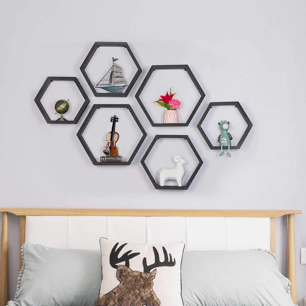 Set of 6 Black Hexagon Floating Shelves - Rustic Wood Honeycomb Wall Mounted Home Decor Storage