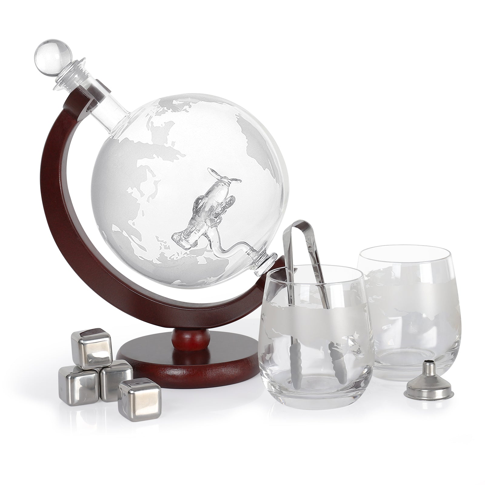 World Map Globe Liquor Decanter Gift Set, Large 1500ml Hand-Blown Glass Whiskey Carafe with Wooden Base, Complete Bar Accessories Kit for Men Father Husband Birthday Anniversary Gift