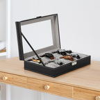 Premium 6-Slot Watch Display Case - Black Leather Watch Box with Large Glass Window & Secure Lock