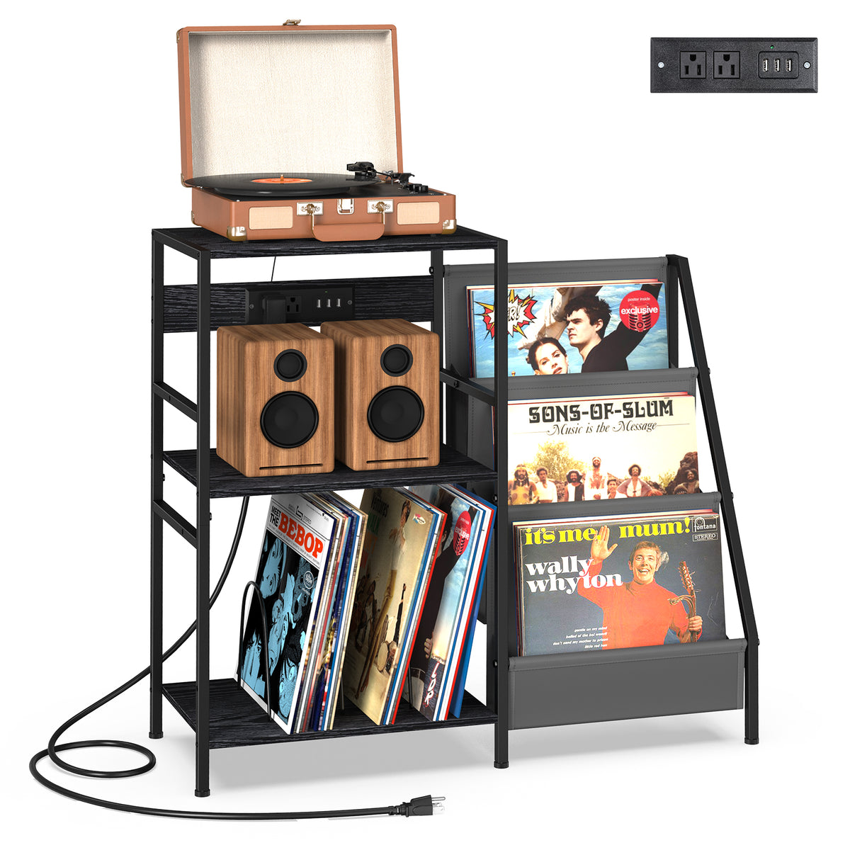 Record Player Table, Turntable Stand with 3-Tier Vinyl Record Storage, Record Player Stand with Charging Station, Vinyl Record Holder Cabinet, End Table Vinyl Records for Living Room, Black