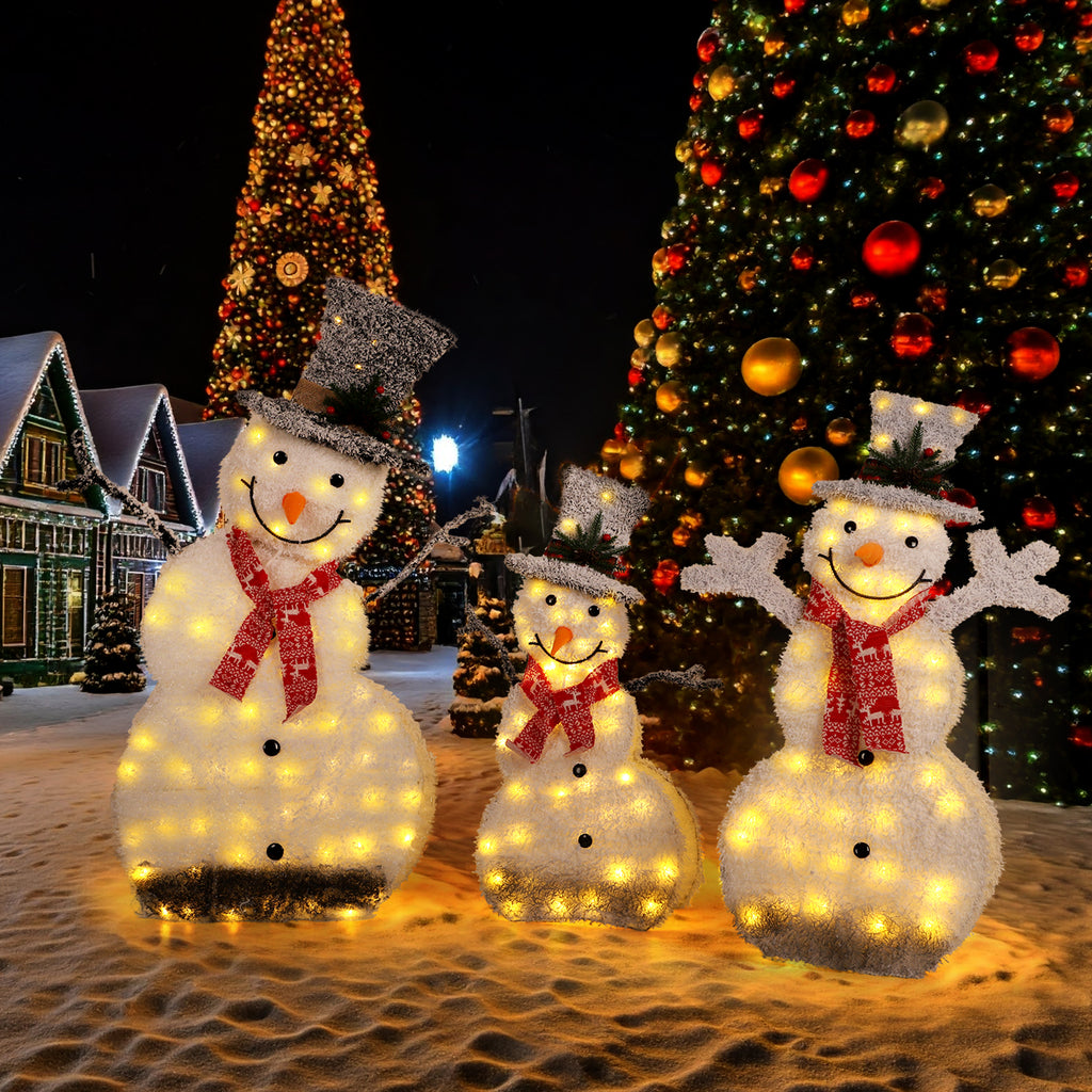 1pcs/3pcs Lighted Christmas Snowman Outdoor Decoration, Pre-Lit Snowmen with 140 LED Lights, 2D Light Up Plush Snowman Family for Xmas Front Door Indoor Garden Party New Year Yard Winter Lighted Holiday Displays Battery-powered