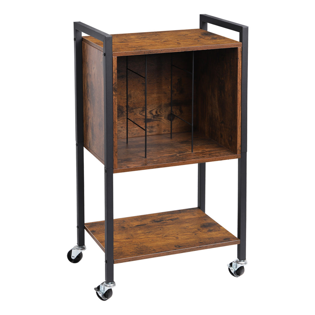 Record holder with vinyl record storage, grey turntable stand with charging station, record player stand with removable wheels
