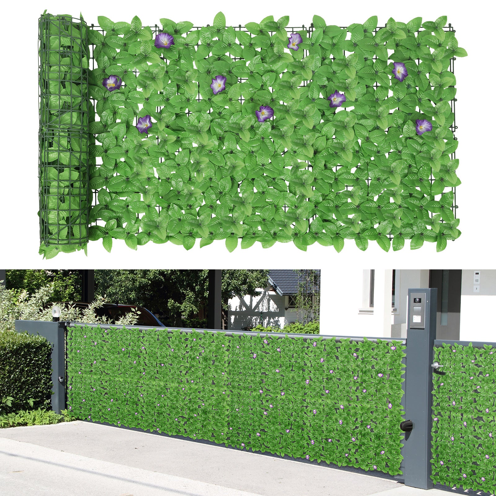 24-Pack Faux Greenery Privacy Fencing with Purple Floral Accents, Expandable Synthetic Leaf Wall Panels for Balcony and Garden Screening, 132 x 37.8 Inches