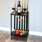 Pool Cue Rack for 6 Sticks - Floor Stand Billiard Accessories Storage, Black Wood