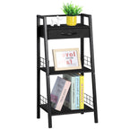 3 Tier Ladder Storage Shelf with Fabric Drawer, Freestanding Small Bookshelf Organizer Rack, Industrial Metal Frame Display Shelves for Bathroom, Bedroom, Living Room, Balcony, Black