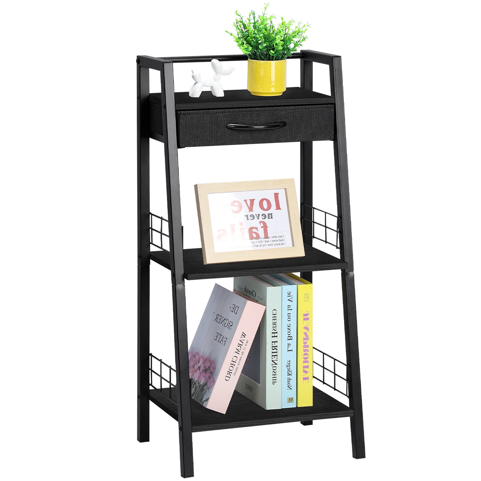 3 Tier Ladder Storage Shelf with Fabric Drawer, Freestanding Small Bookshelf Organizer Rack, Industrial Metal Frame Display Shelves for Bathroom, Bedroom, Living Room, Balcony, Black