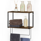 2-tier metal and wood storage rack with dual towel rods, wall-mounted towel rack, hanging storage shelf, multifunctional storage rack for hanging towels, bath towels, and clothes.