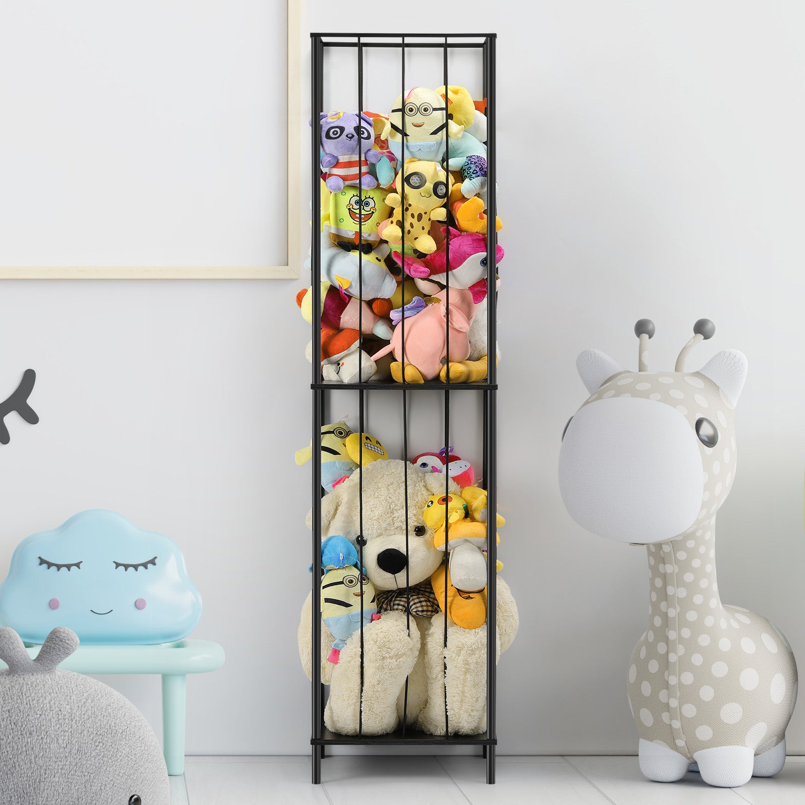 2-Tier Stuffed Animal Zoo Storage Cage - Tall Metal Plush Toy Organizer & Nursery Display, Black,