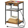 Rustic Brown 3-Tier Side Table with Power Outlets and USB Ports, Compact Bedside Nightstand for Bedroom and Living Room