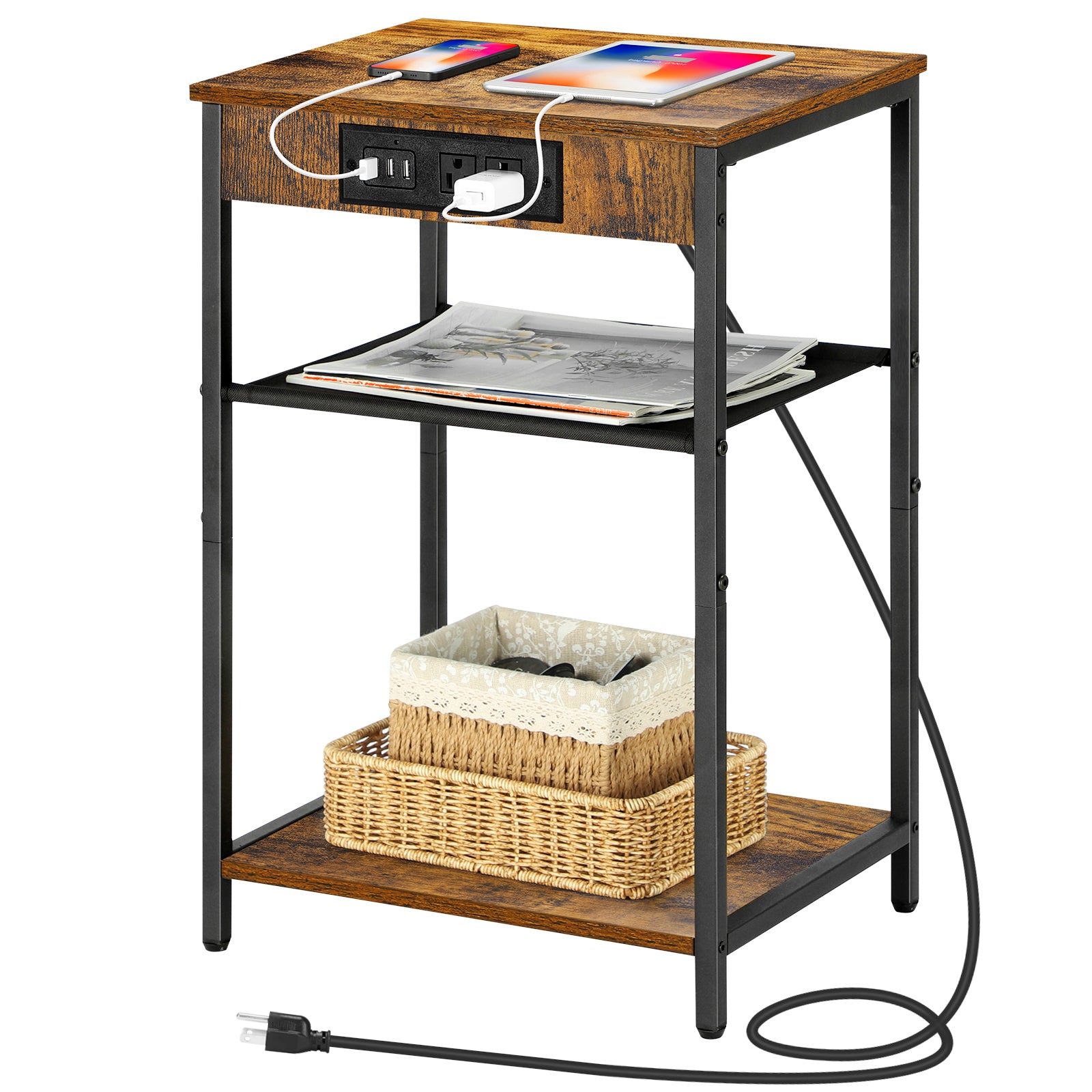 Rustic Brown 3-Tier Side Table with Power Outlets and USB Ports, Compact Bedside Nightstand for Bedroom and Living Room