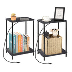 Set of 2 Black End Tables with Charging Station - 2-Tier Nightstands with USB & Outlets