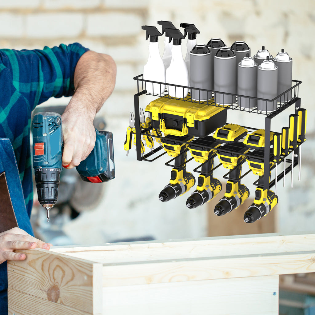 2-Tier Power Tool Organizer, Wall-Mount Drill Holder with Storage Basket for Garage & Workshop
