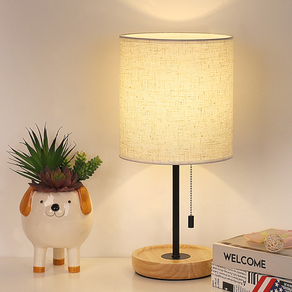 Modern White Bedside Table Lamp (16 Inches) - Wood Base Nightstand Lamp with Linen Fabric Shade