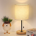 Modern White Bedside Table Lamp (16 Inches) - Wood Base Nightstand Lamp with Linen Fabric Shade