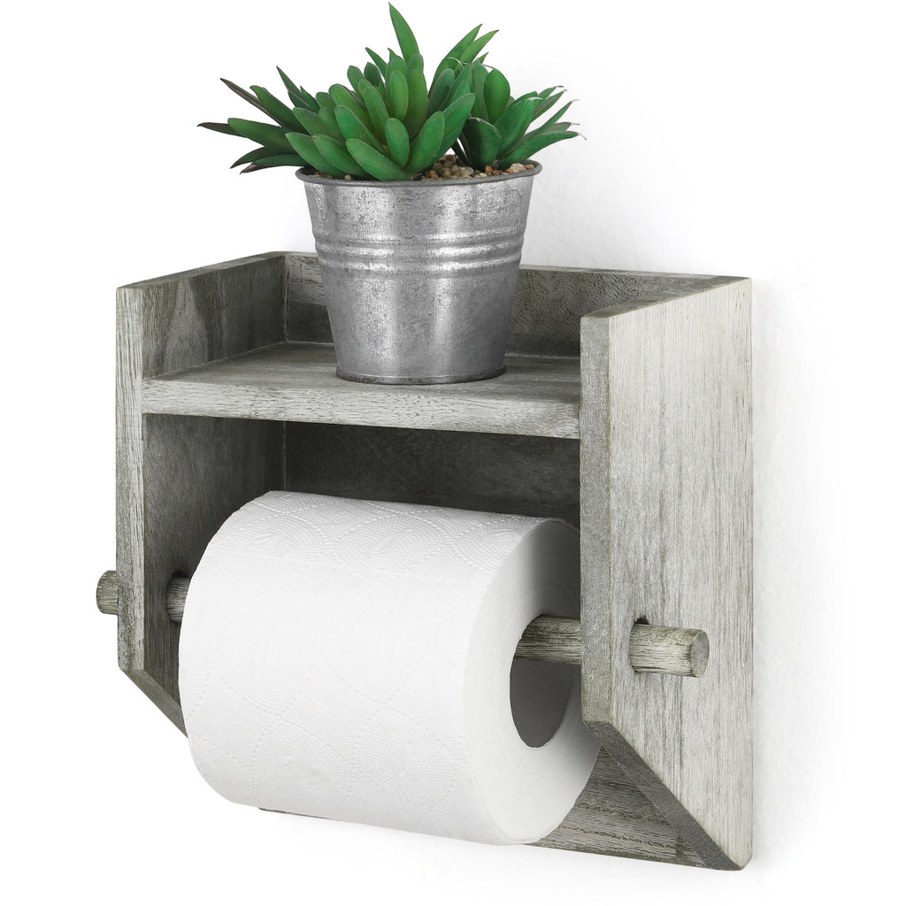 Rustic Wall-Mounted Wooden Toilet Tissue Dispenser with Integrated Display Ledge for Washrooms and Kitchens