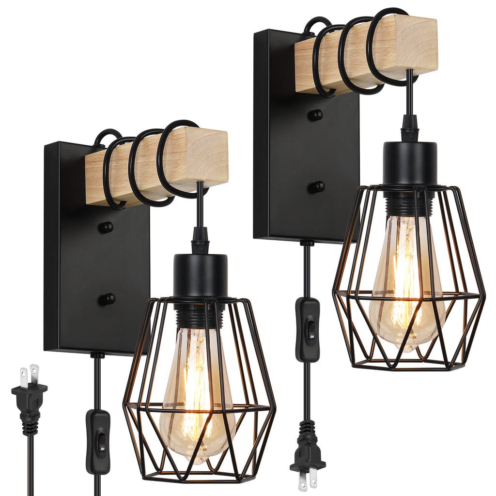 Set of 2 Industrial Plug-in Wall Lamps with Metal Cage Shades and Natural Wood Accents for Bedroom, Living Room, or Study