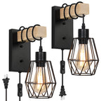Set of 2 Industrial Plug-in Wall Lamps with Metal Cage Shades and Natural Wood Accents for Bedroom, Living Room, or Study