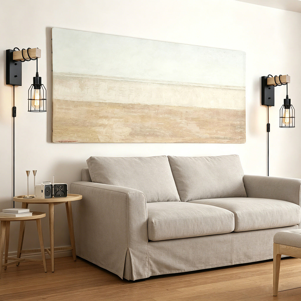 Dual-Pack Industrial Wall Mounted Lights - Plug-in Solid Wood and Metal Cage Sconces for Bedroom, Living Room, or Garage
