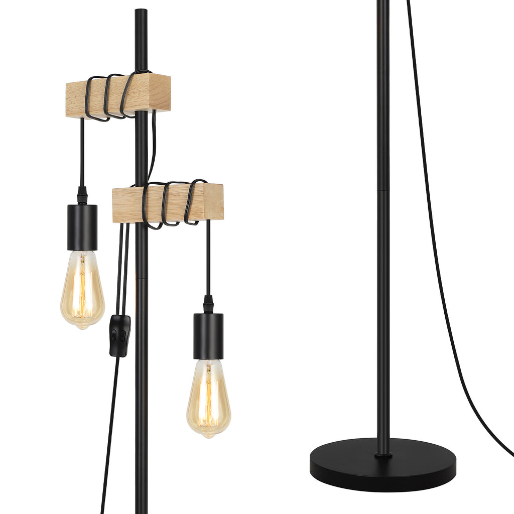 66 Inch Rustic Wood Floor Lamp - Industrial Farmhouse Standing Edison Light for Living Room, Bedroom, and Home Office Reading