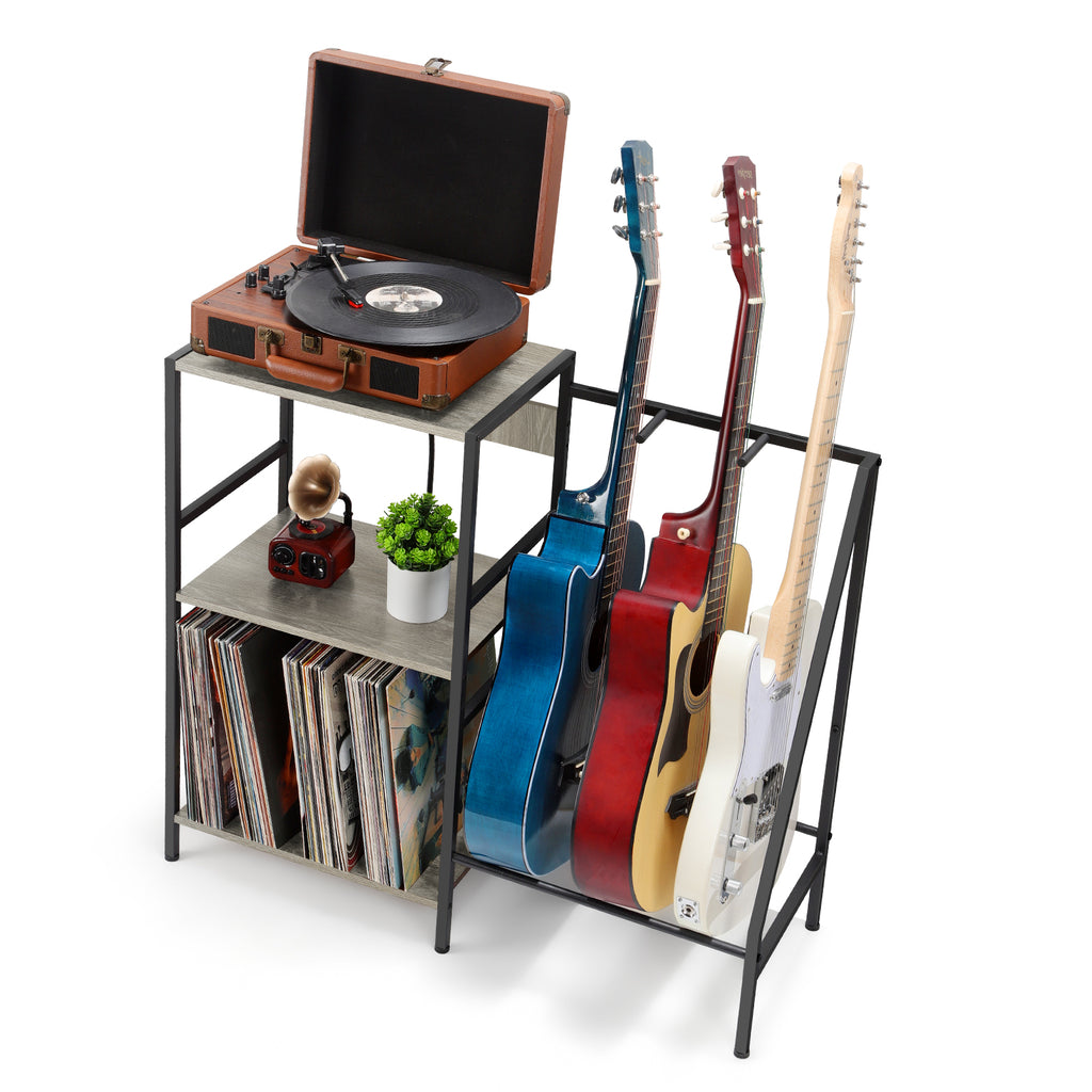 Record Player Stand End Table with Charging Station Record Vinyl Guitar Rack with 3 Tier Vinyl Storage Shelf Guitar Display Stand for Acoustic Guitar Accessories for Music Room Studio Farmhouse