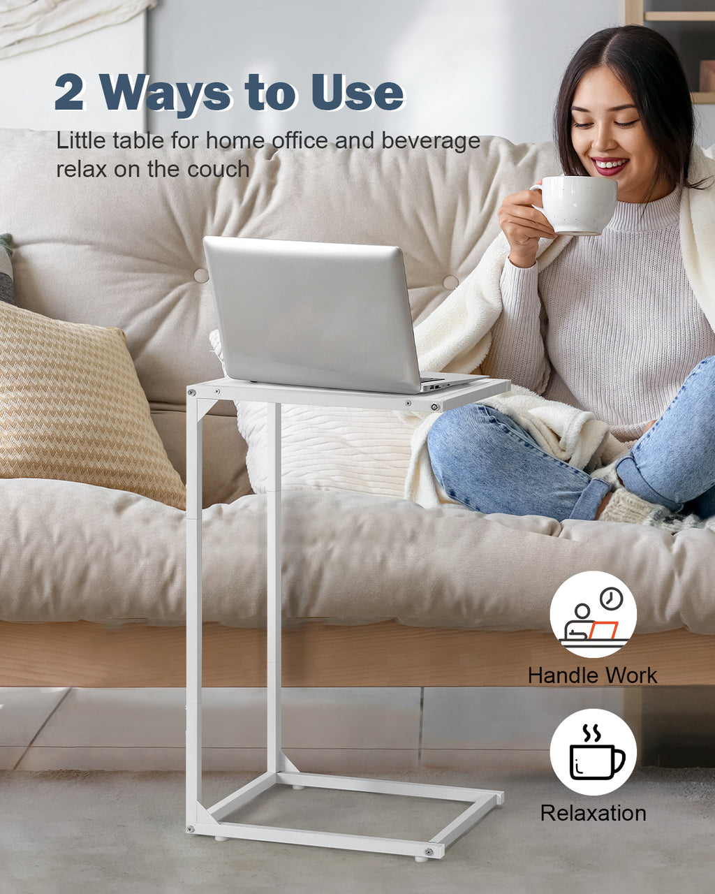 2-Pack C-Shaped Side Tables, White Slim Sofa End Tables, Laptop & Snack Table for Small Spaces, Living Room & Bedroom