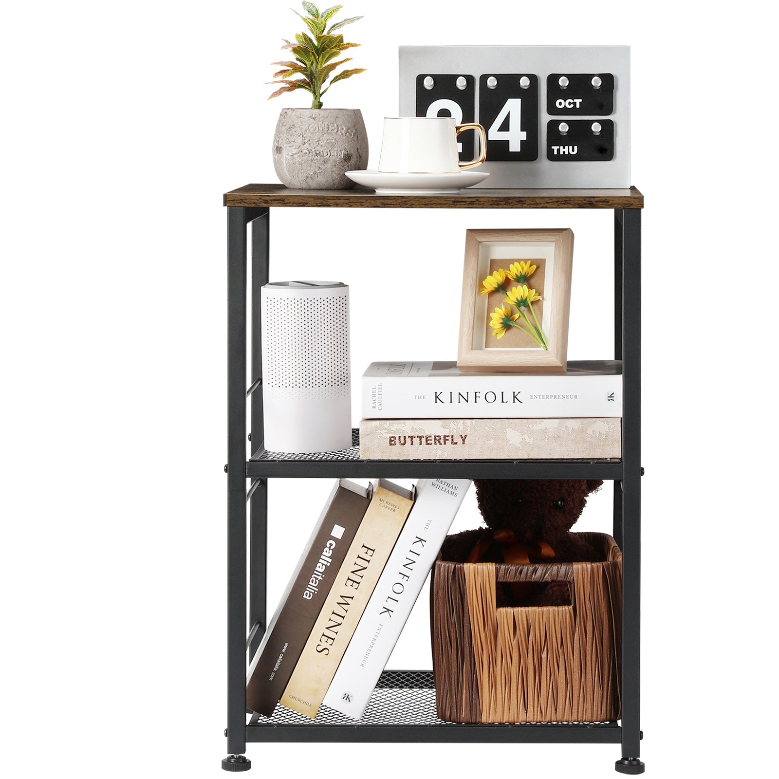 Bedside table - two layers of iron mesh. Three tiered rolling storage table. Sofa small side table. The bedside table is black. Suitable for bedrooms, living rooms, and small spaces.