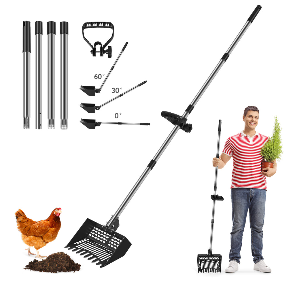 Multi-Purpose Waste Sifter and Rake Tool - Adjustable Stainless Steel Poop Shovel for Poultry Coops, Cat Litter, and Stable Maintenance - Long Handle Cleaning Solution, Black