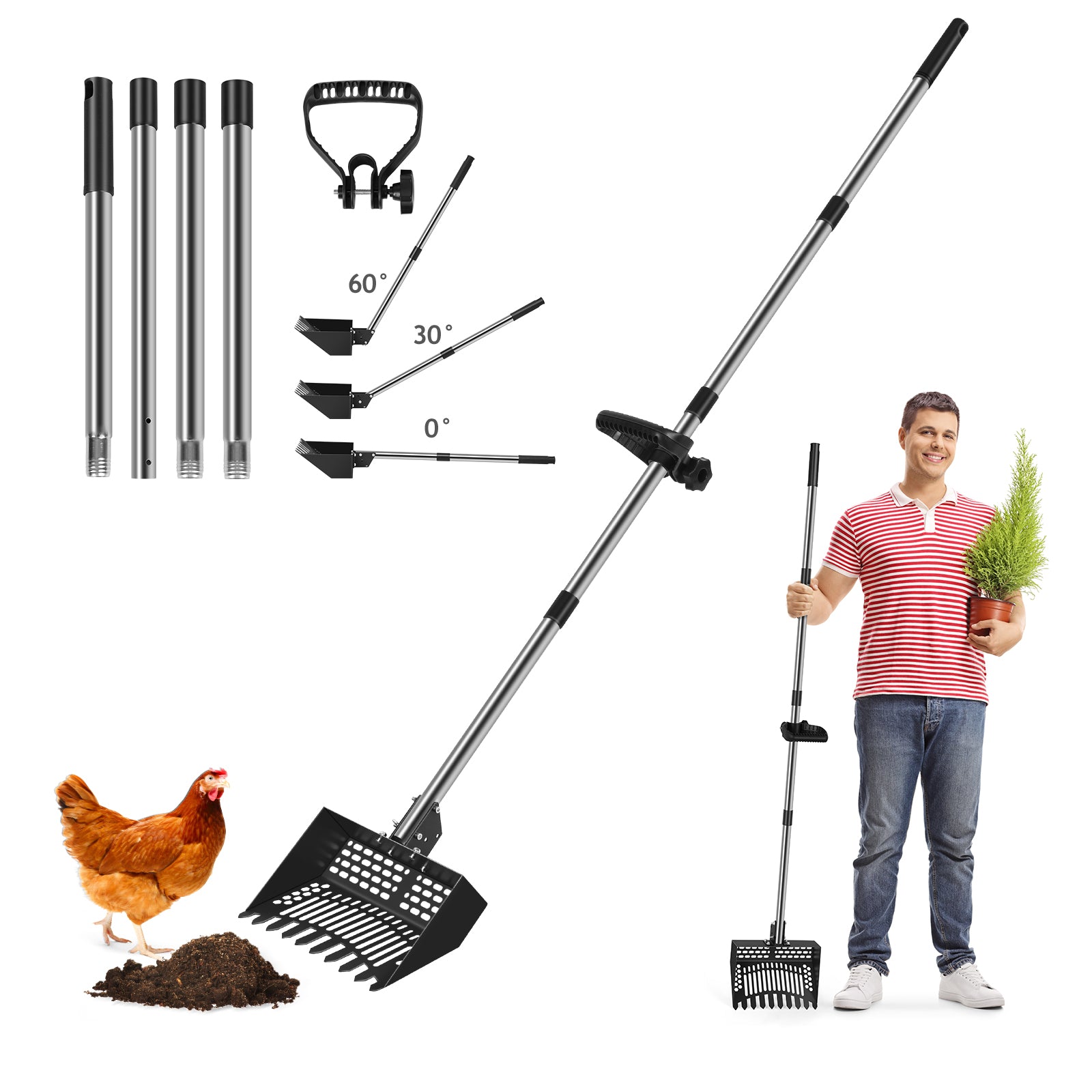 Multi-Purpose Waste Sifter and Rake Tool - Adjustable Stainless Steel Poop Shovel for Poultry Coops, Cat Litter, and Stable Maintenance - Long Handle Cleaning Solution, Black