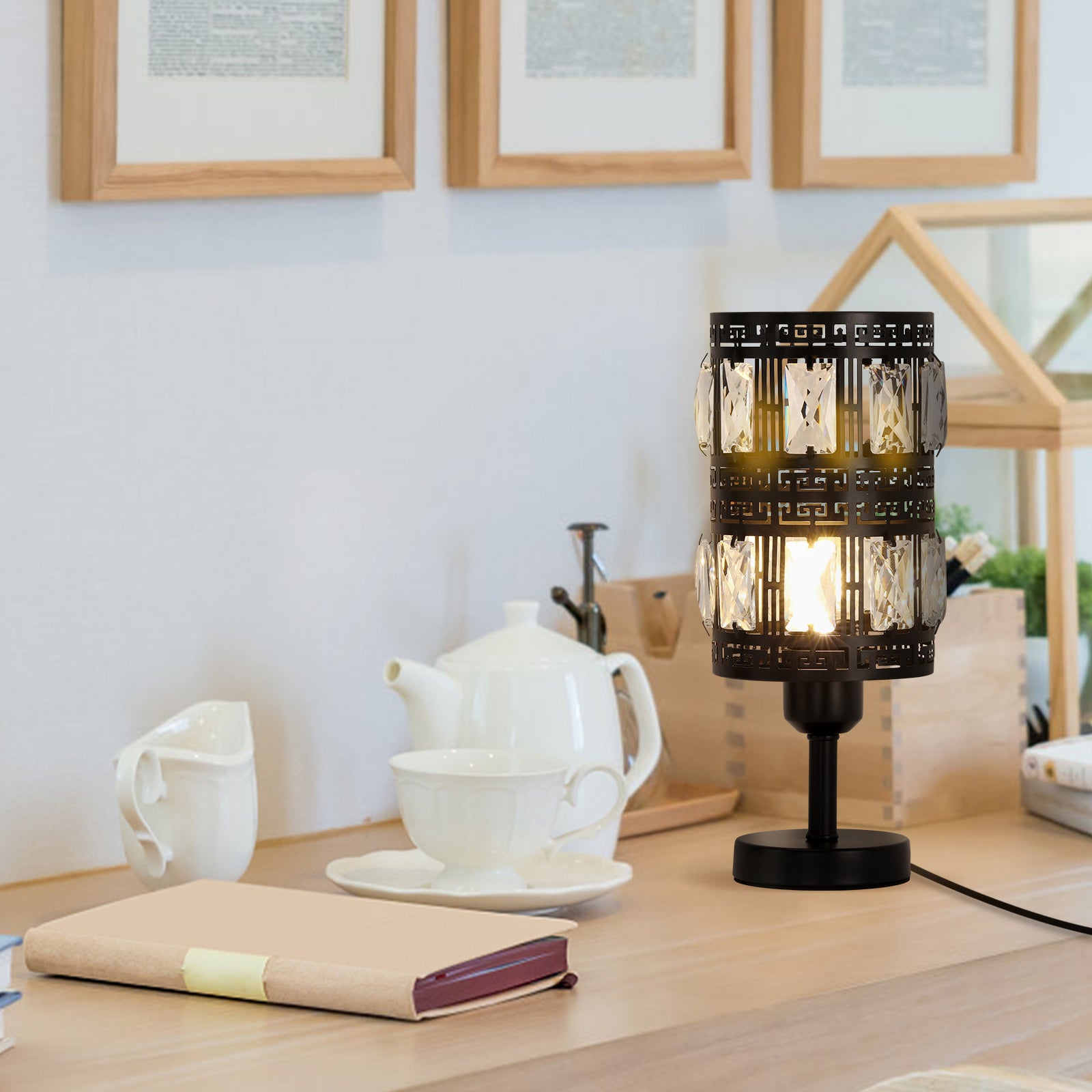Noir Glamour Crystal Table Lamps | Set of 2 Retro Nightstand Lamps with Precision-Cut Facets